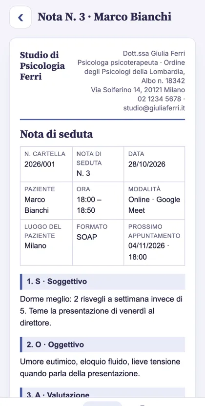 App: nota di seduta SOAP compilata