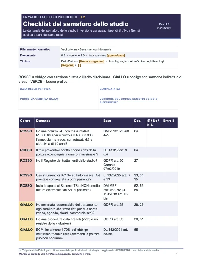 Checklist del semaforo dello studio (Word e PDF)
