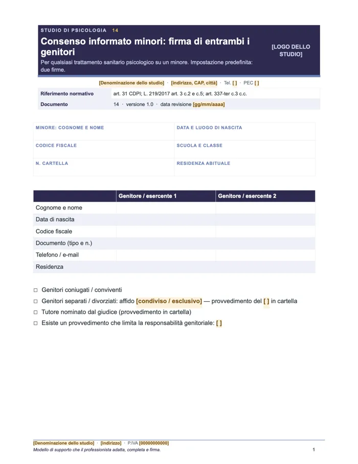Consenso informato minori: firma di entrambi i genitori (Word e PDF)