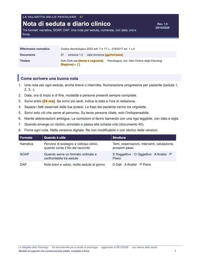 Nota di seduta: narrativa, SOAP o DAP (Word e PDF)